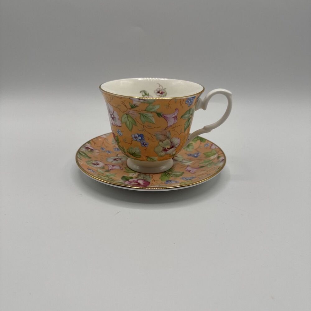 Vintage Crown Trent Limited Teacup & Saucer Orange Chintz Fine Bone China